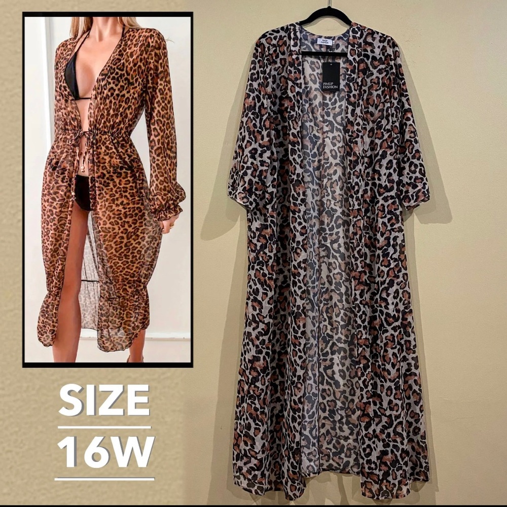 16W Leopard Print Sexy Bikini Cover SemiSheer Summer Beach Kimono Cardigan Brown